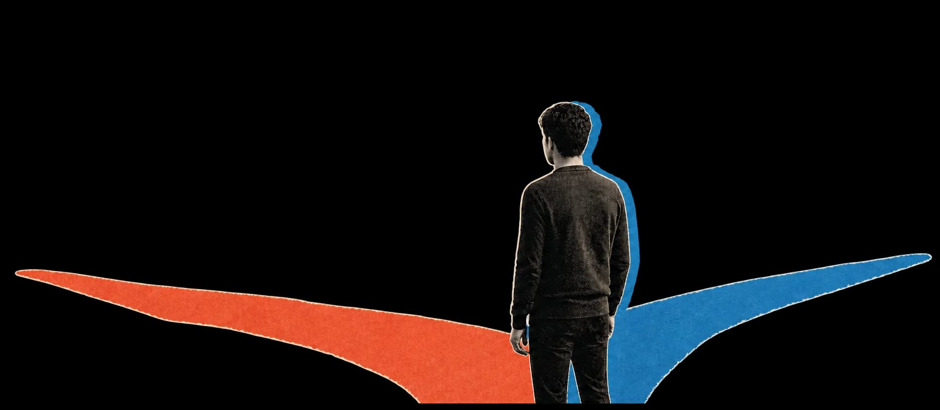 One man pausing where two textured paths split in different directions