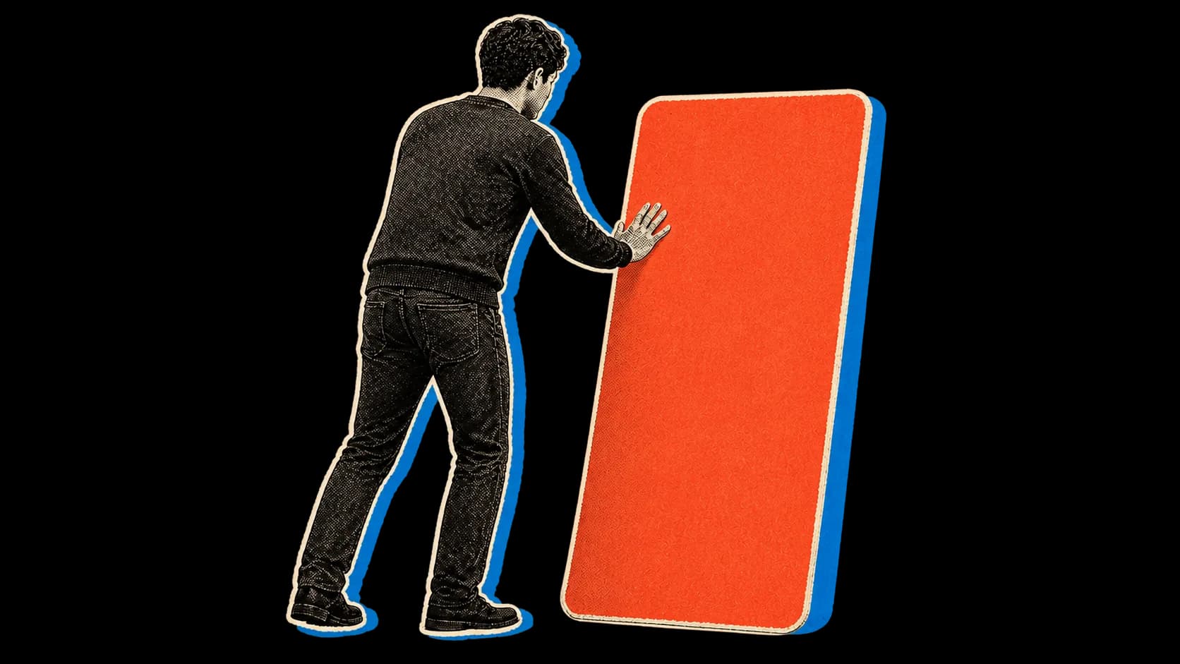 A back-facing man playfully pushing a large orange question card toward the ask button