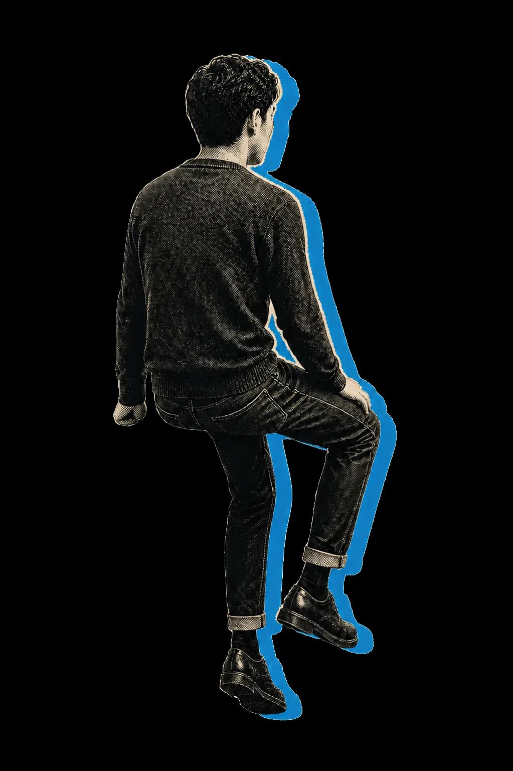 A back-facing illustrated man sitting thoughtfully between different perspectives