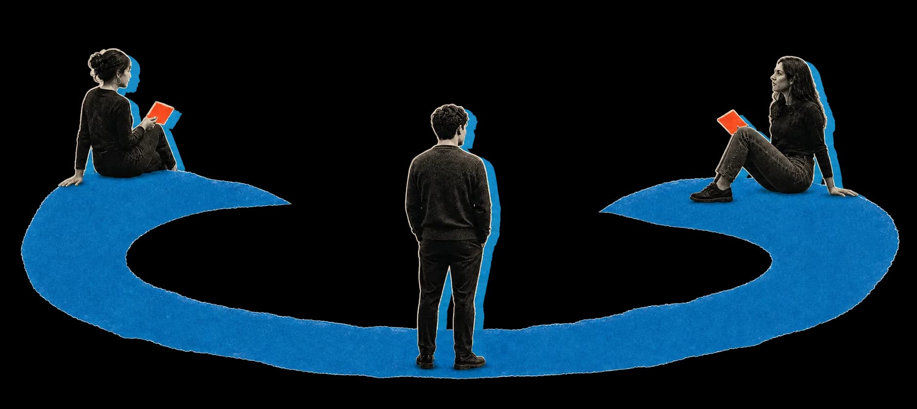 Two women sharing different perspectives with one man across a looping blue conversation path