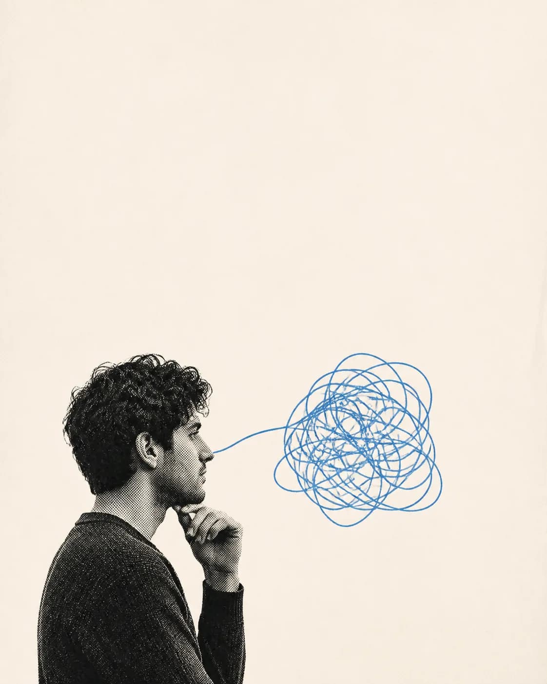 A thoughtful man in profile facing one compact tangle of blue lines
