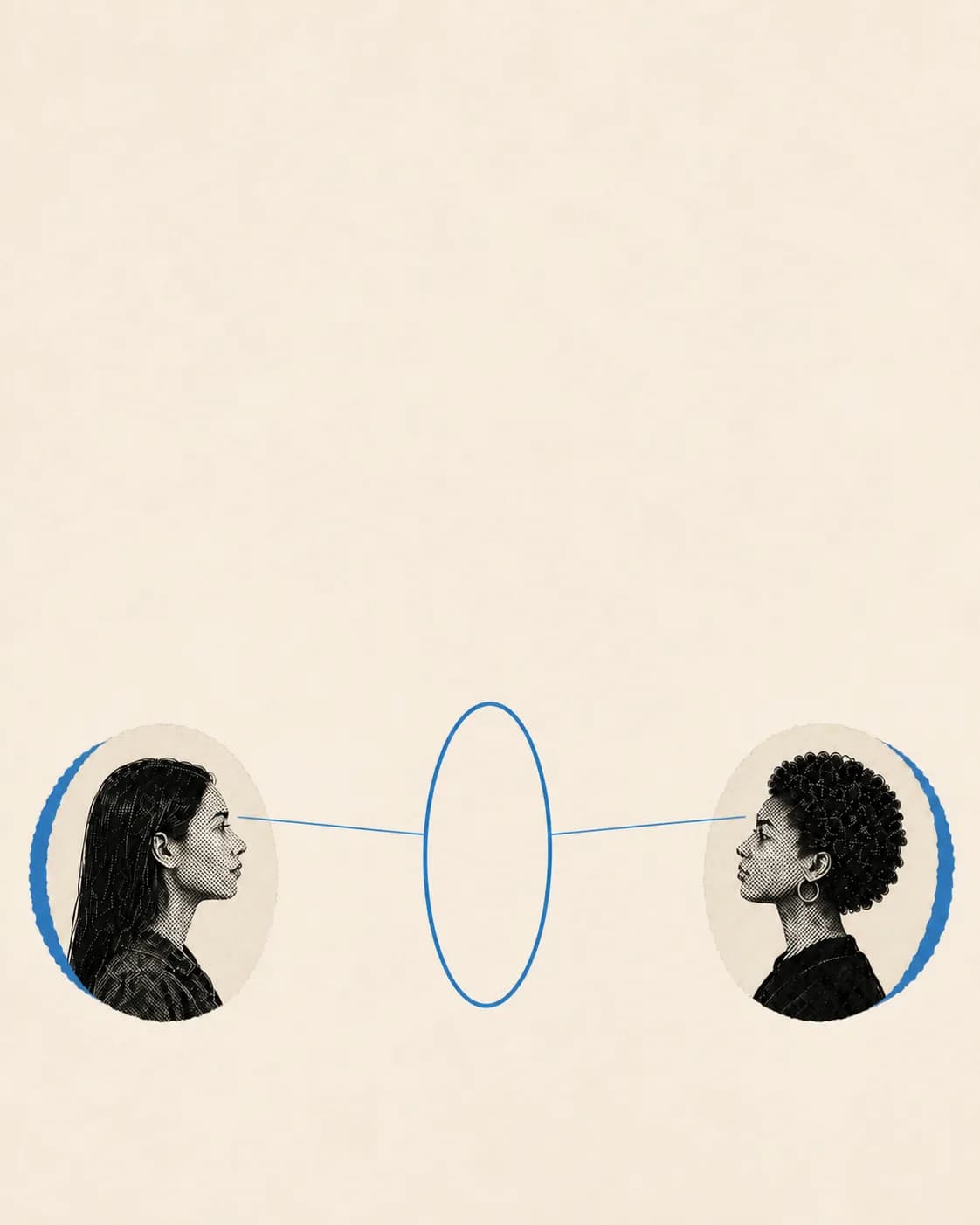 Two women viewing the same outlined shape from different sides