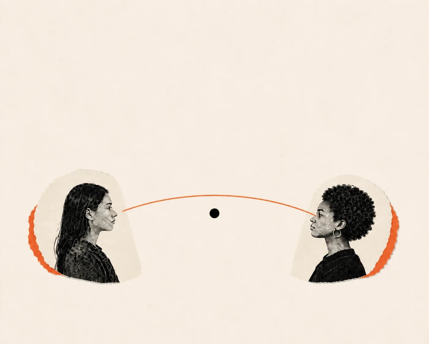 Two women connected across a single orange arc and focal point