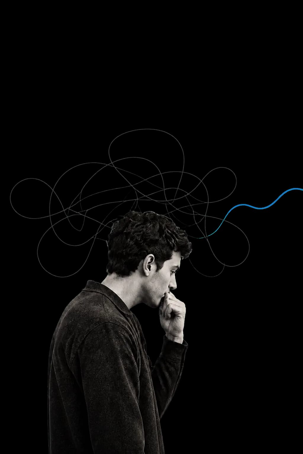 A thoughtful man in profile beneath loosely tangled threads with one blue line emerging