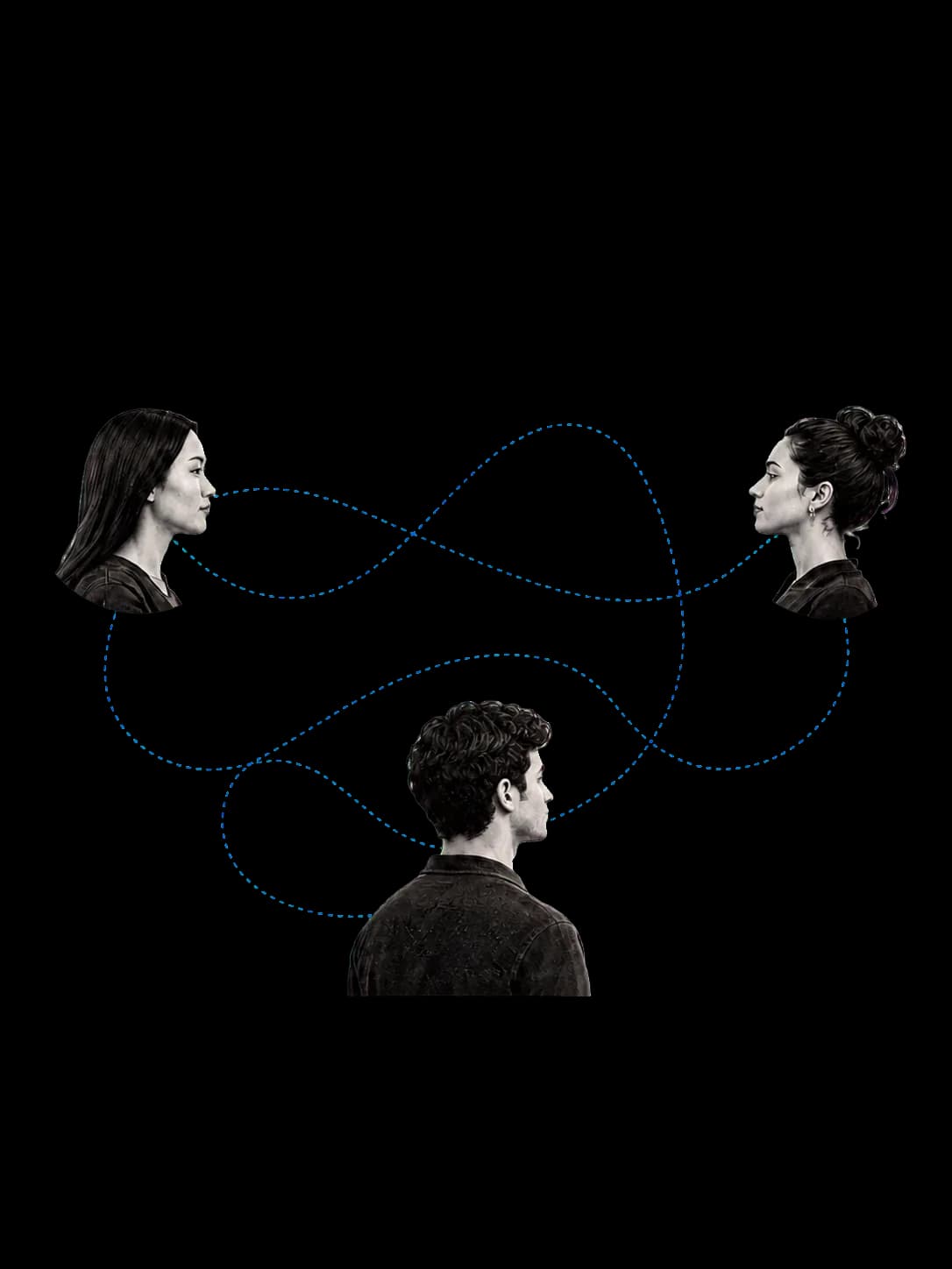 Three people connected by looping dotted blue threads representing shared perspectives