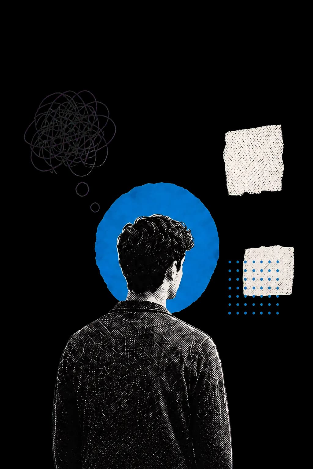 A man seen from behind beneath one tangled thought, framed by a blue paper circle