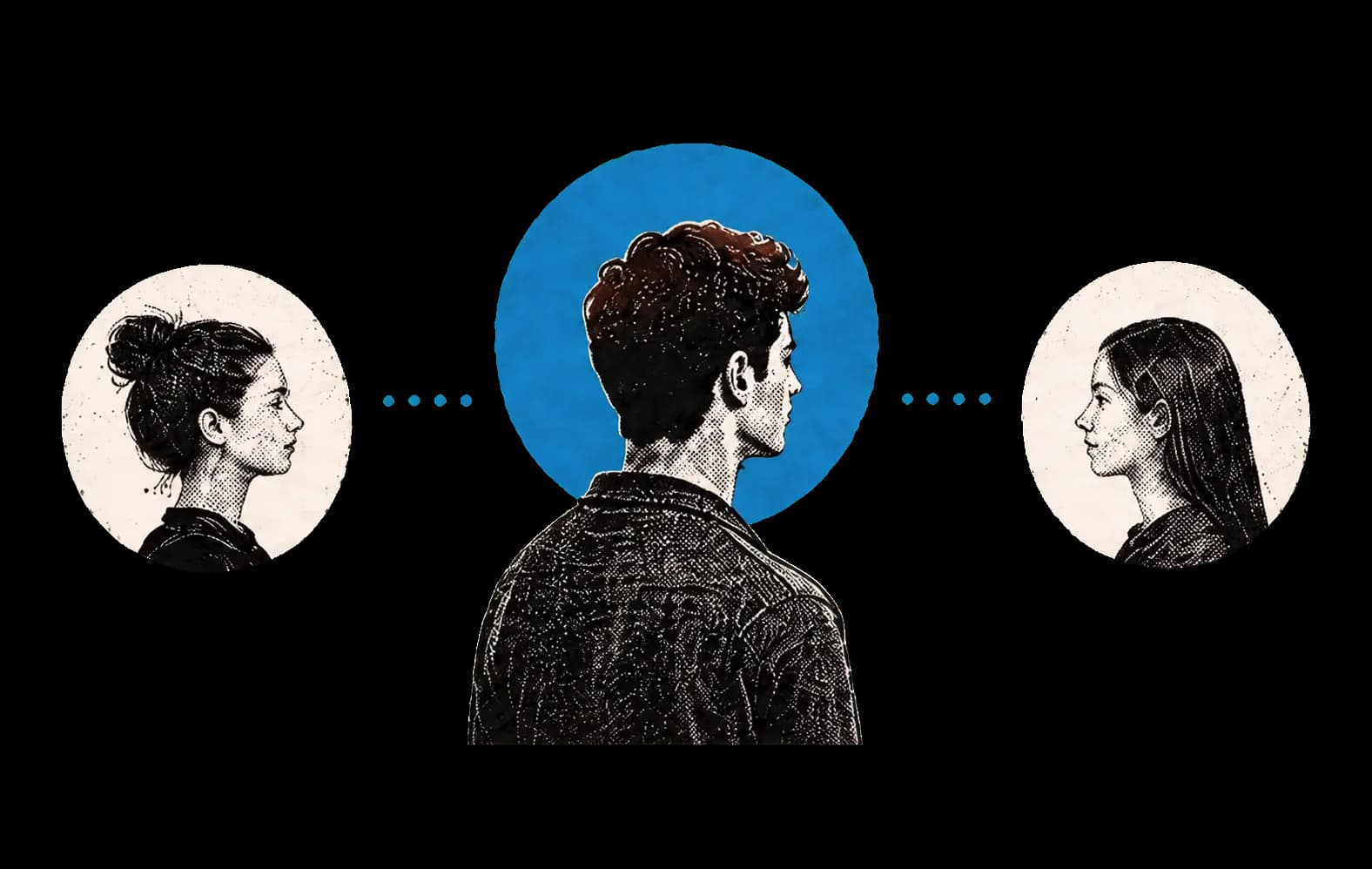 A man between two women whose perspectives connect through a dotted blue line