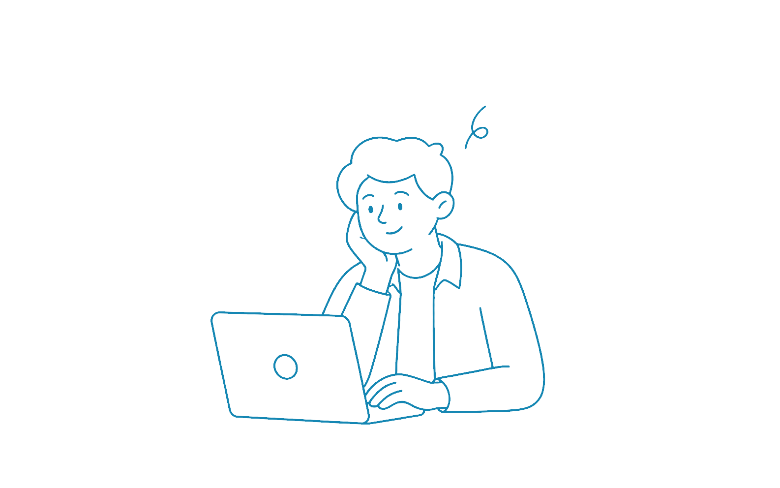 A man pausing thoughtfully over his laptop, drawn in one muted blue line