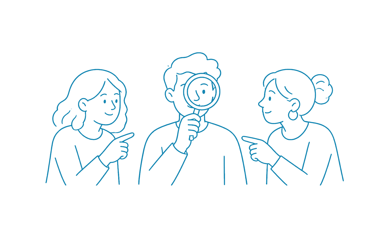 Two women helping a man look more closely, drawn in one muted blue line