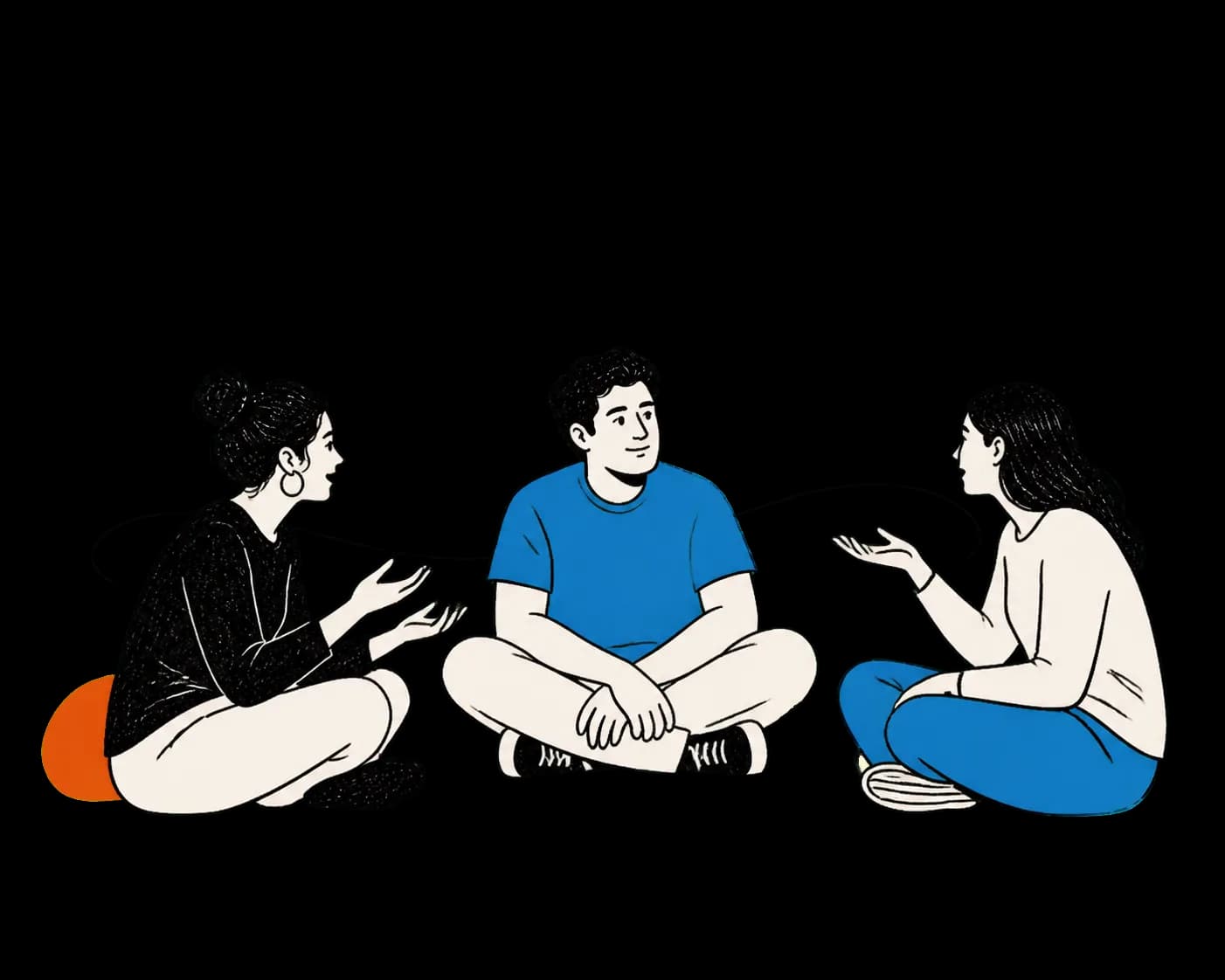 Two women sharing different perspectives with a listening man