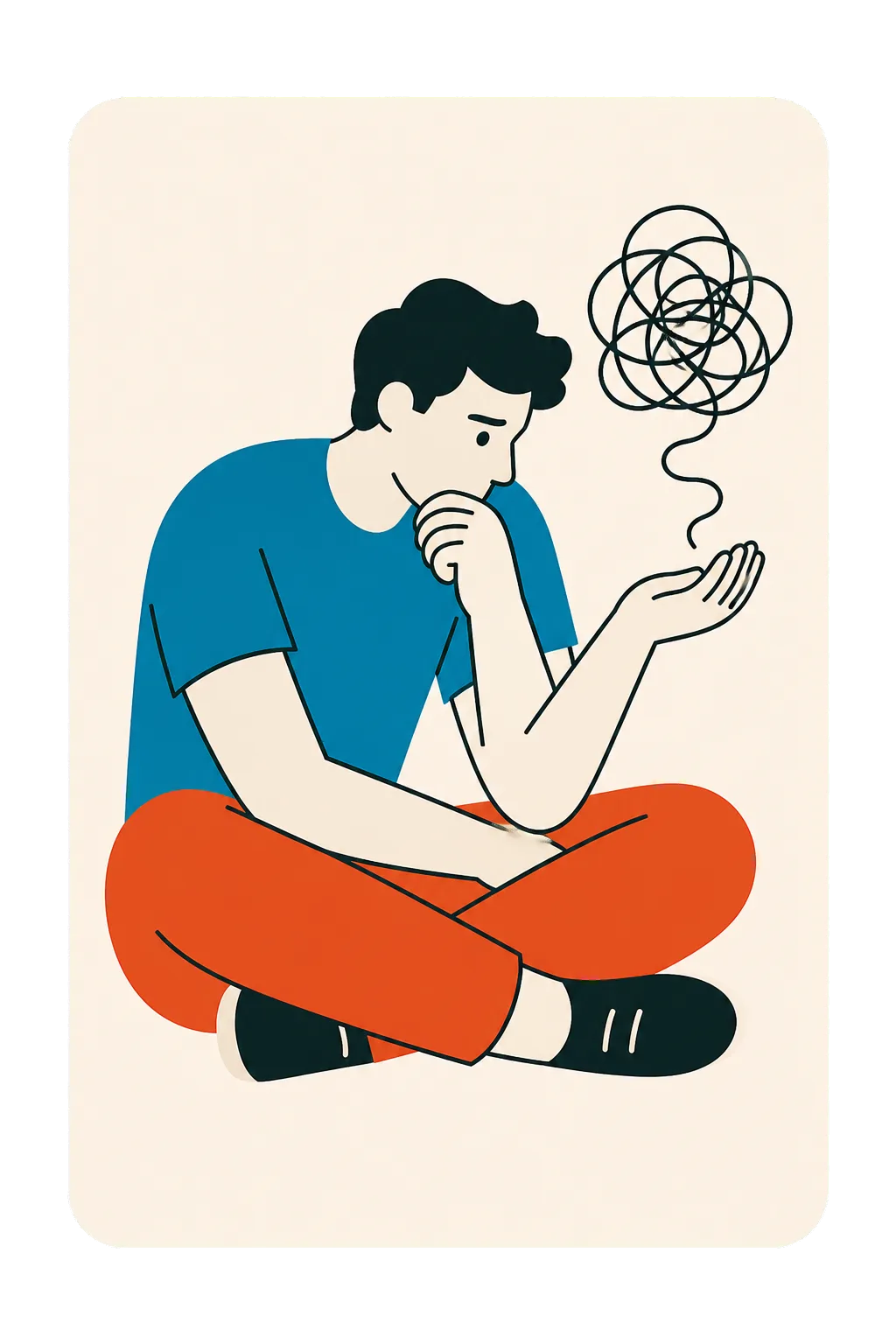A thoughtful man with a tangled thought in a bold flat poster style