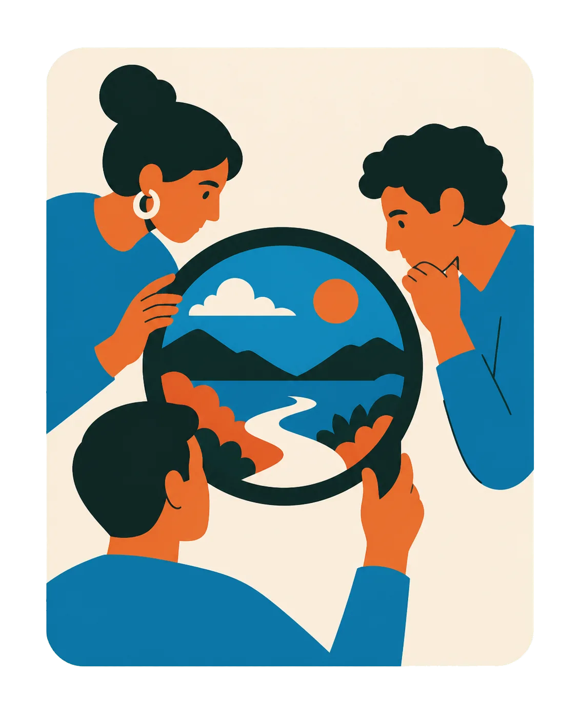 Three people viewing the same scene from different sides in a bold flat poster style