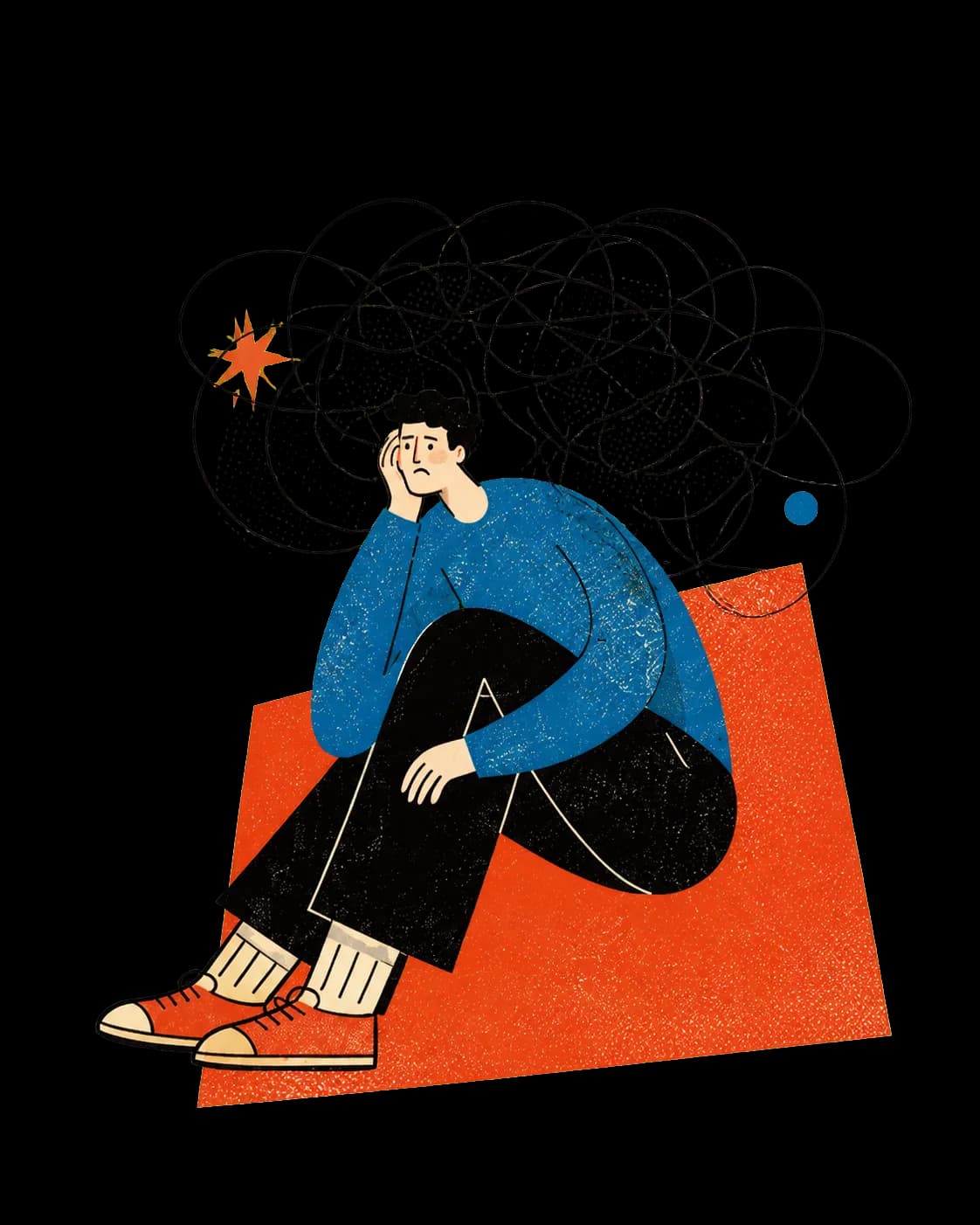 A thoughtful man sitting beneath a tangled thought in a textured editorial style