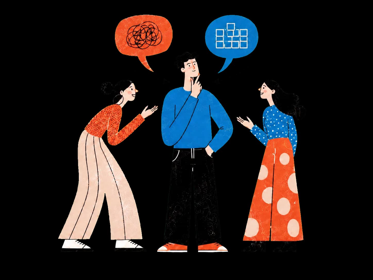 Two women sharing distinct observations with a thoughtful man in a textured editorial style