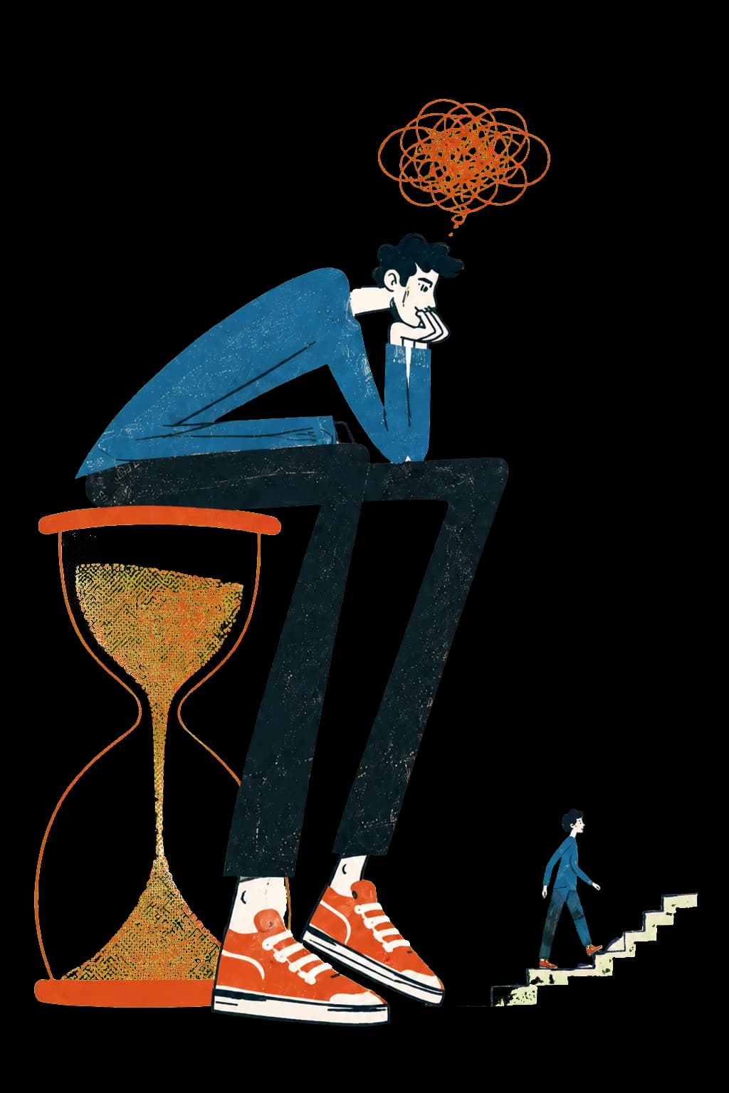 A tall thoughtful man sitting beside an hourglass with a tangled thought overhead