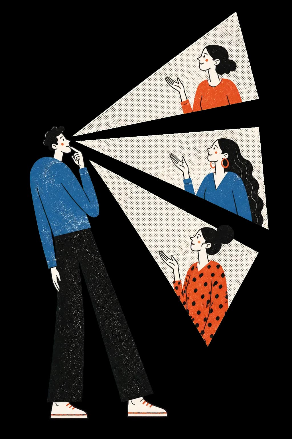 Three women's perspectives reaching a thoughtful man through distinct visual beams