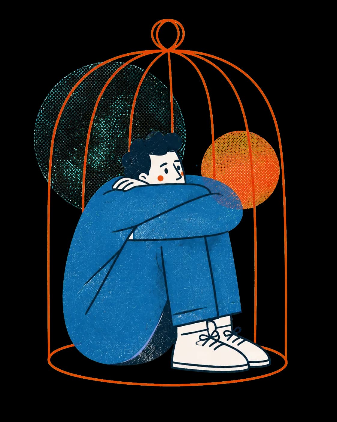 A man curled inward inside a delicate orange cage