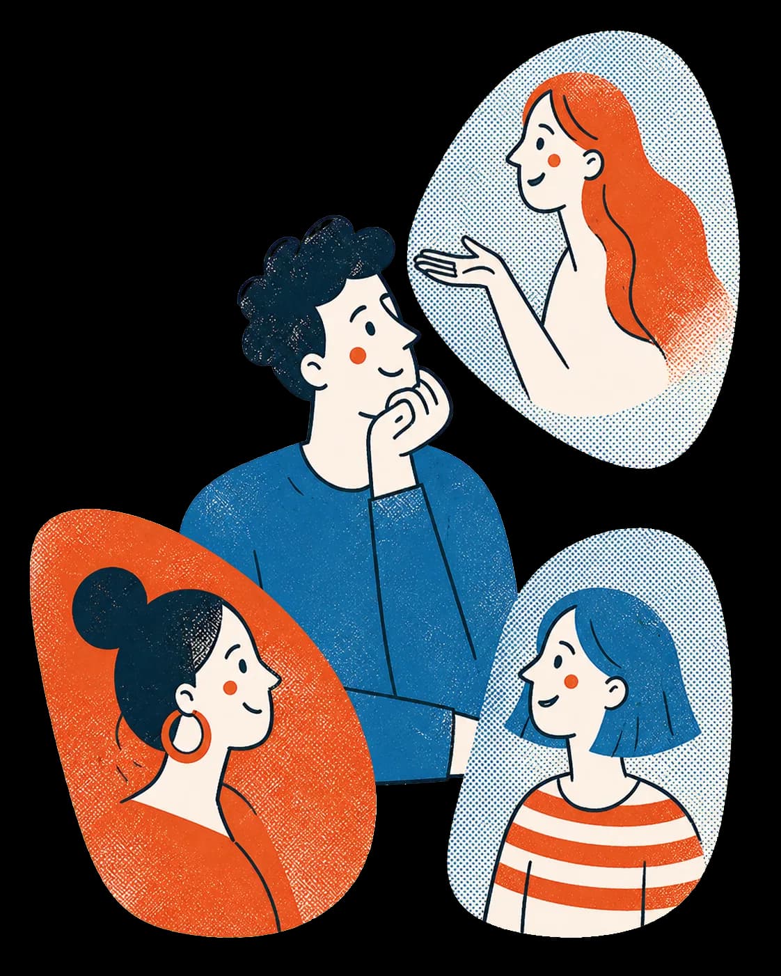 A thoughtful man surrounded by three women's perspectives in soft portrait shapes