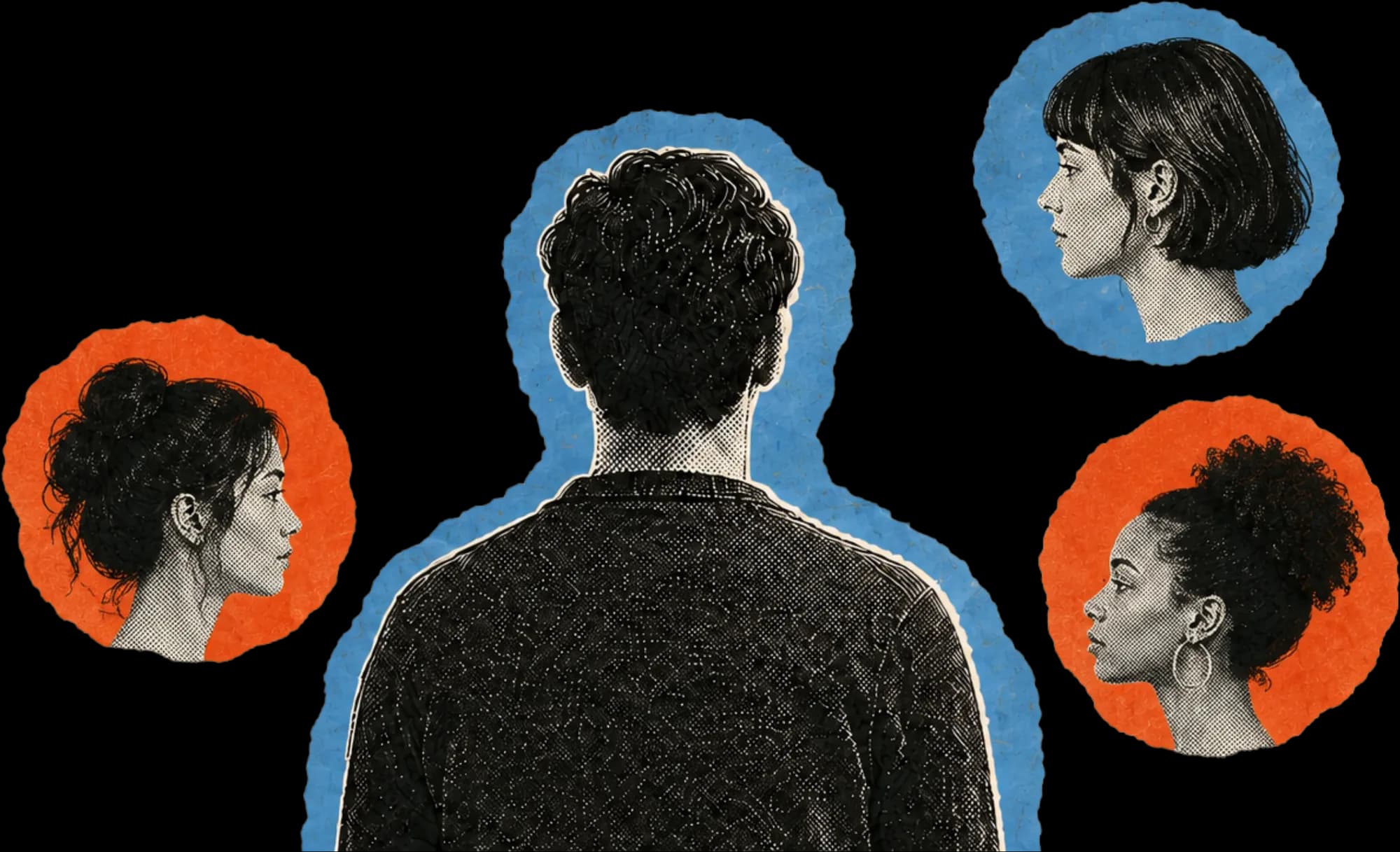 A man seen from behind surrounded by three women's profile portraits in circular frames