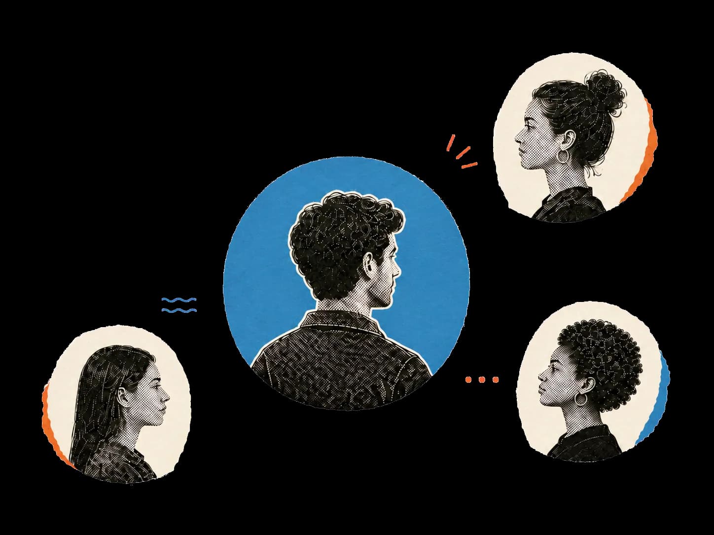 A man considering the perspectives of three women around him