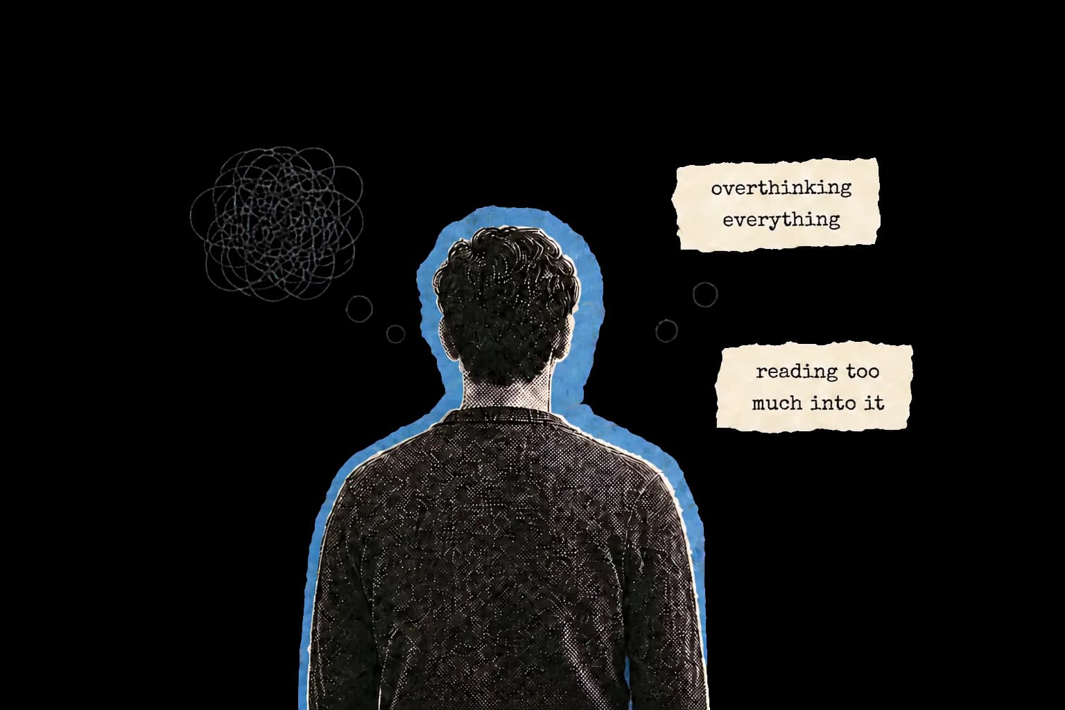A man caught between tangled thoughts and overthinking