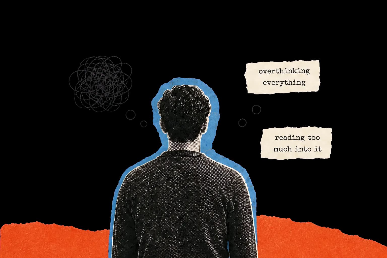 A man caught between tangled thoughts and overthinking above an orange paper edge