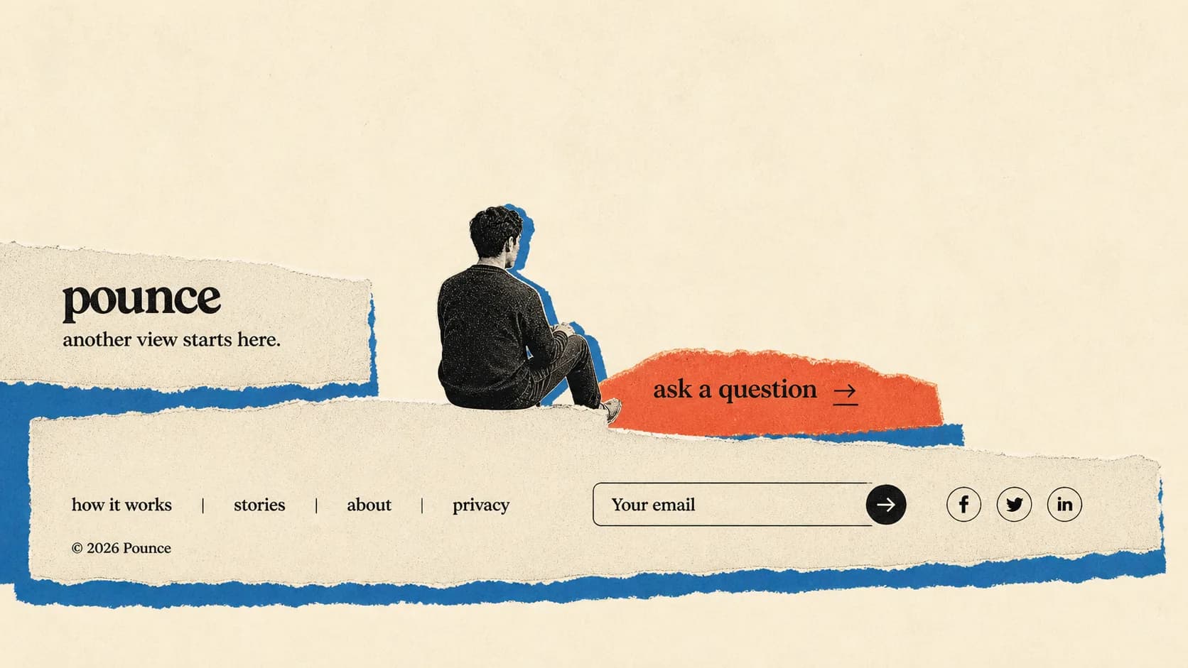 A halftone man sitting across a stepped torn-paper footer
