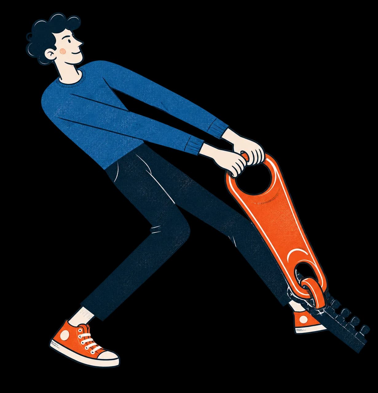 An illustrated man pulling open the footer with a giant zipper