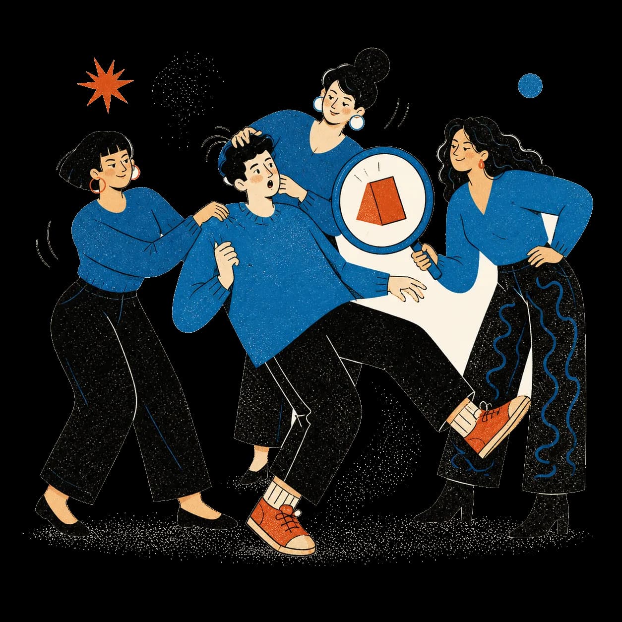 Three women show a man different views of the same situation